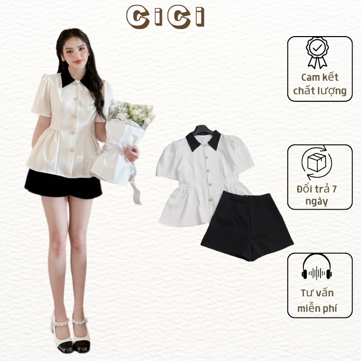 Set áo sơ mi kiểu cúc đá phối cổ đen mix quần sooc đen phong cách tiểu thư,sang chảnh