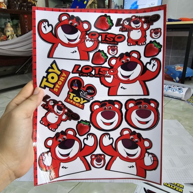 Tem logo sticker gấu dâu lotso kích thước A4 dán trang trí xe máy