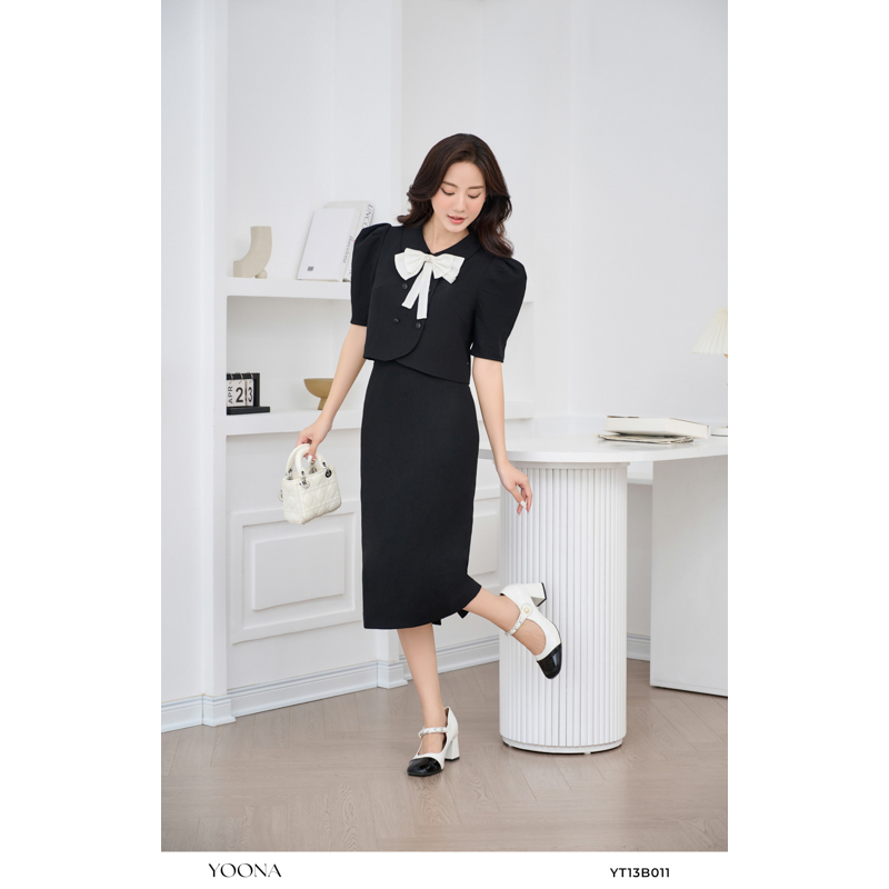 Set áo tay phồng họa tiết nơ phối chân váy dáng dài đen YOONA - YT13B011