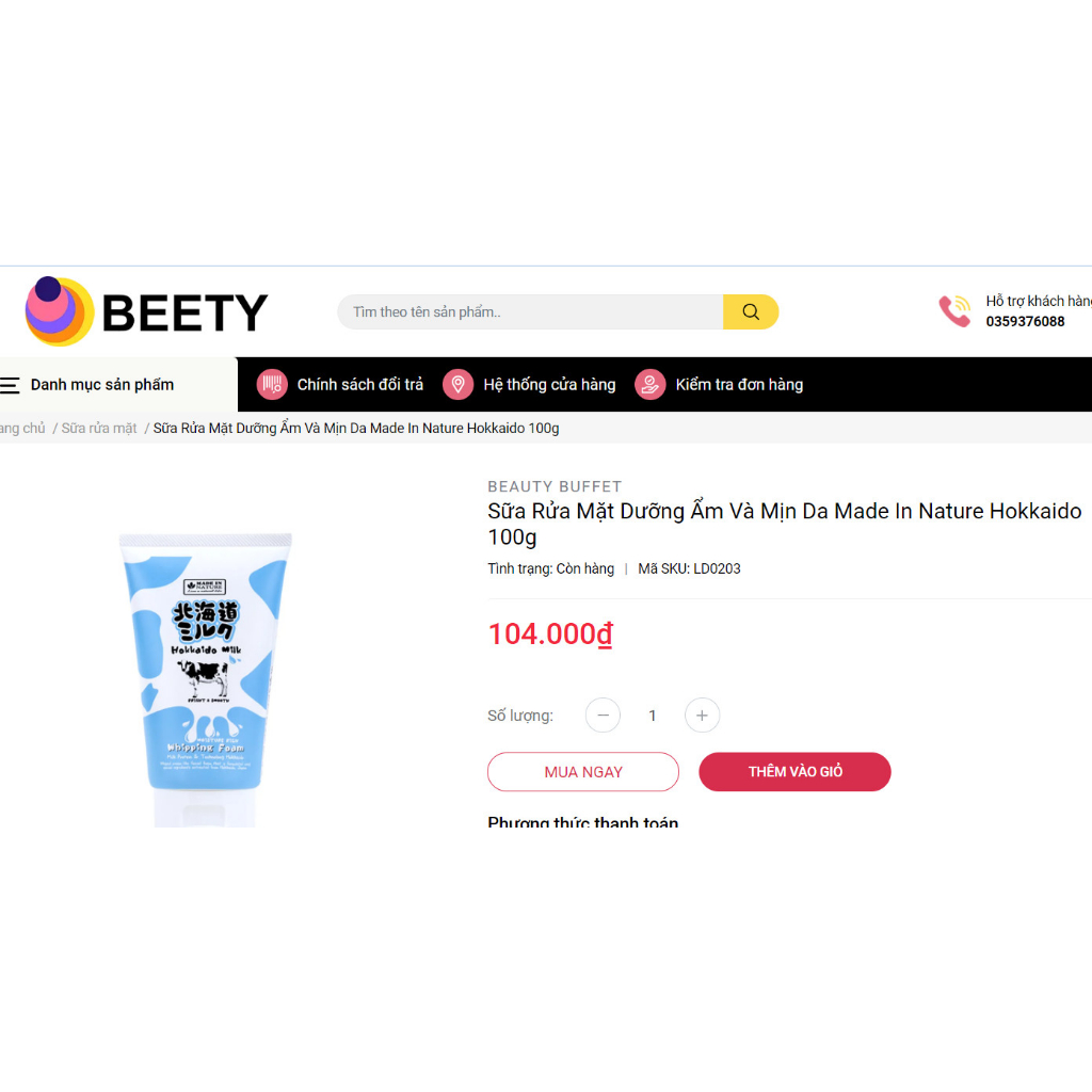 Sữa Rửa Mặt Beauty Buffet Sữa Bò Dưỡng Ẩm Mịn Da 100g Hokkaido Milk Moisture Foam