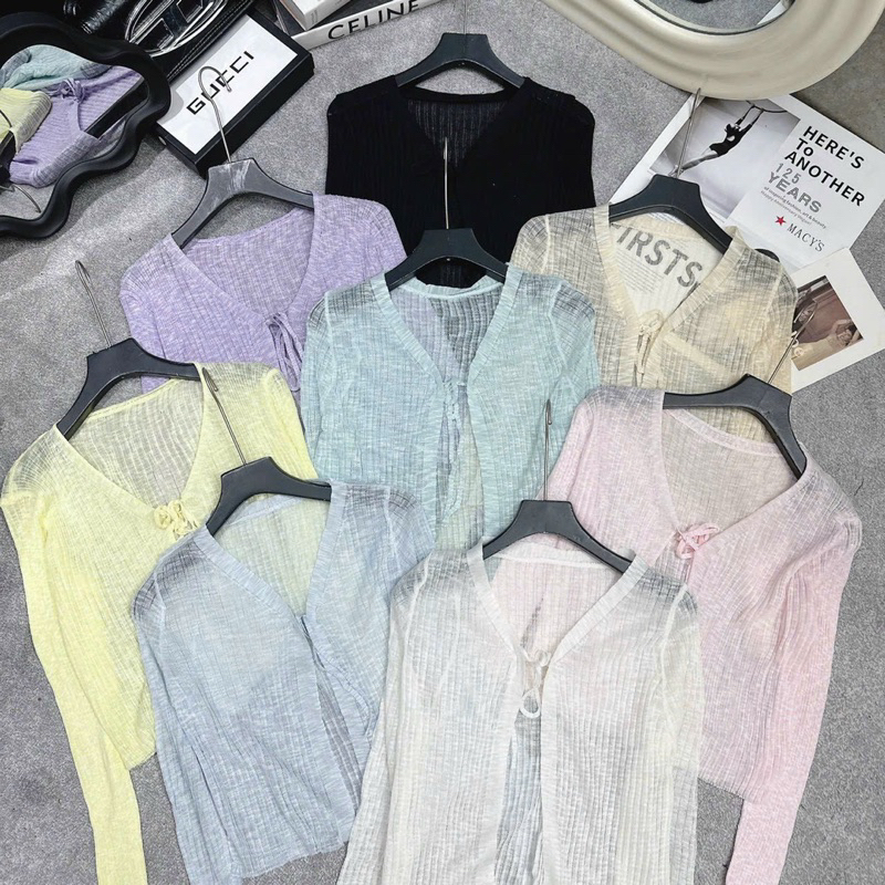 Áo khoác cadigan len giấy mỏng buộc nơ, nhẹ hàng Quảng Châu mix cùng váy hoặc áo hai dây đều xinh nhé các nàng