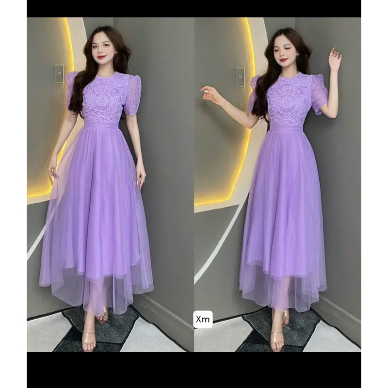 Đầm xoè lưới tay ngắn phối ren