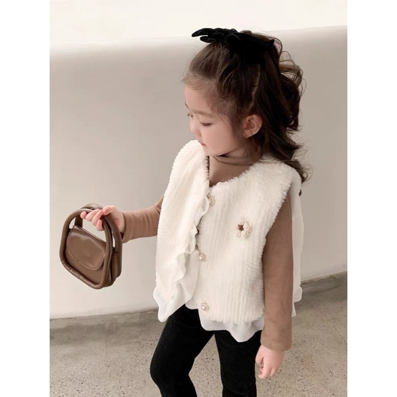 Áo gile lông thỏ QCCC cài hoa cho bé 7-18kg