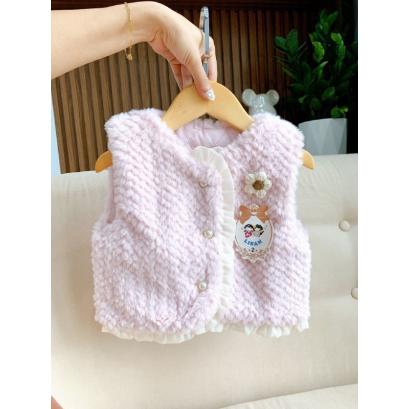 Áo gile lông thỏ QCCC cài hoa cho bé 7-18kg