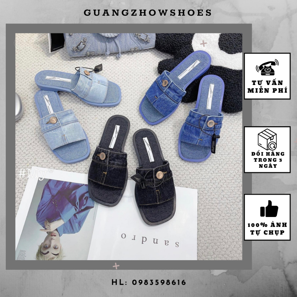 Dép lê nữ vải jean phối khuy qccc fullbox