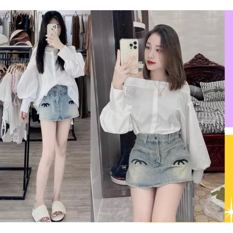 Set áo trễ vai dài tay + quần giả váy bò X TTA865