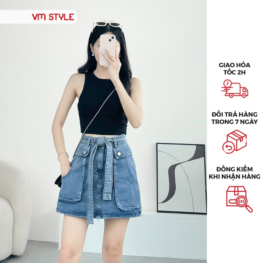 Chân váy jean denim nữ VMSTYLE dáng ngắn cạp cao túi kiểu phối dây cột 13 - CVJ00044