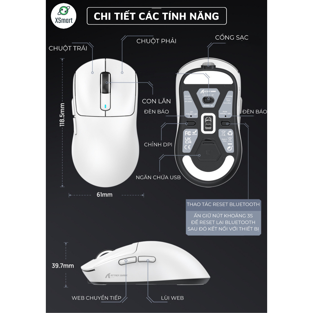 Chuột Máy Tính Bluetooth Không Dây Siêu Chip PAW3395 Attack Shark X3 Tặng Grip Tape, Cảm Biến Cao Cấp