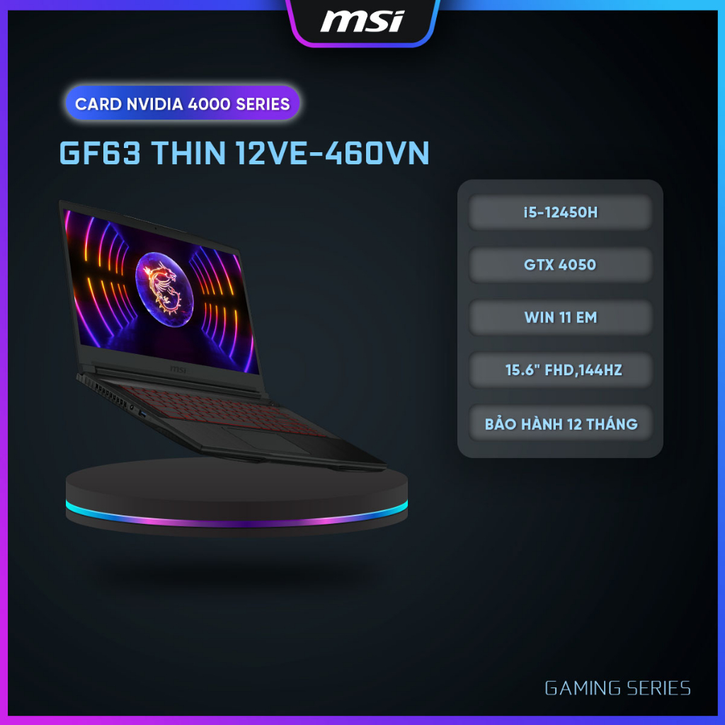 MSI Laptop Gaming GF63 Thin 12VE - 460VN|i5-12450H|RTX 4050|DDR4 8GB|512GB SSD|15.6" FHD,144Hz | BigBuy360 - bigbuy360.vn