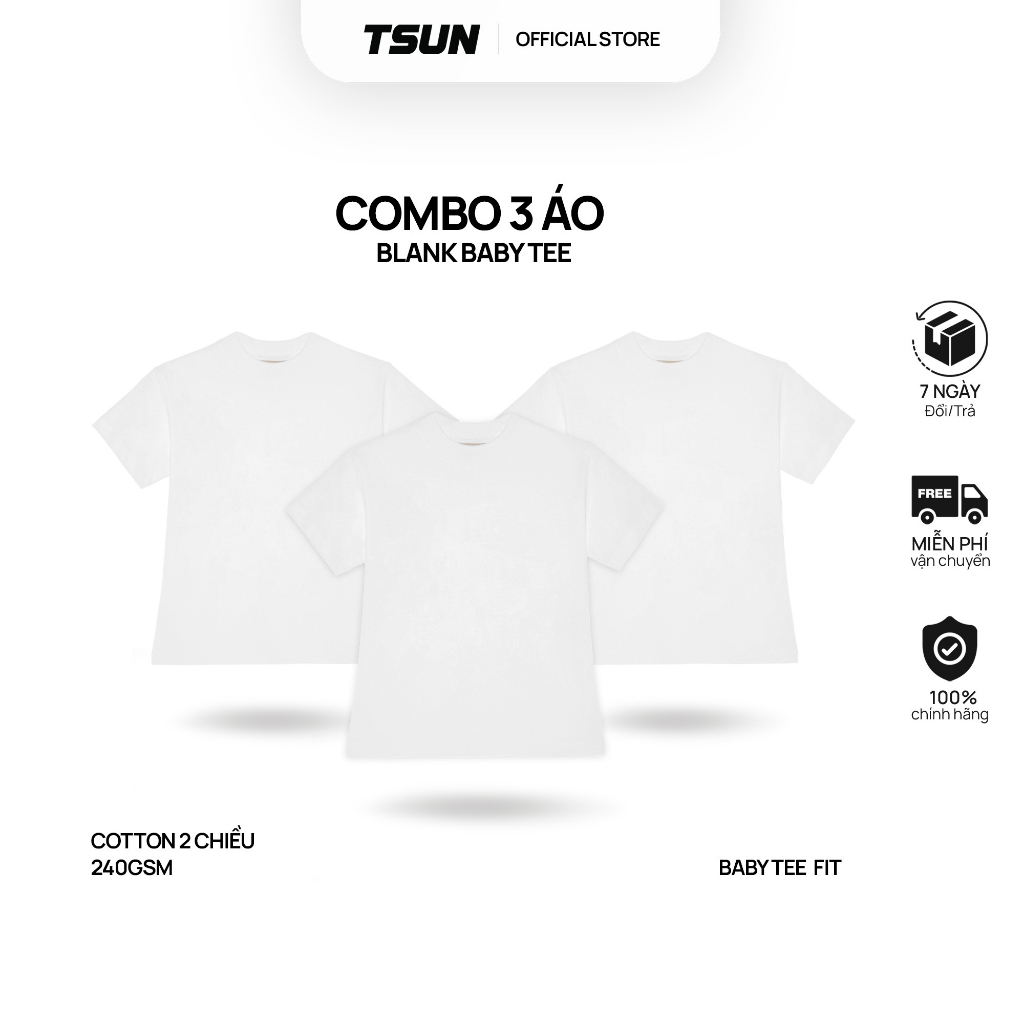 Combo 3 Áo thun trơn TSUN Baby Tee - Trắng - [UNISEX]