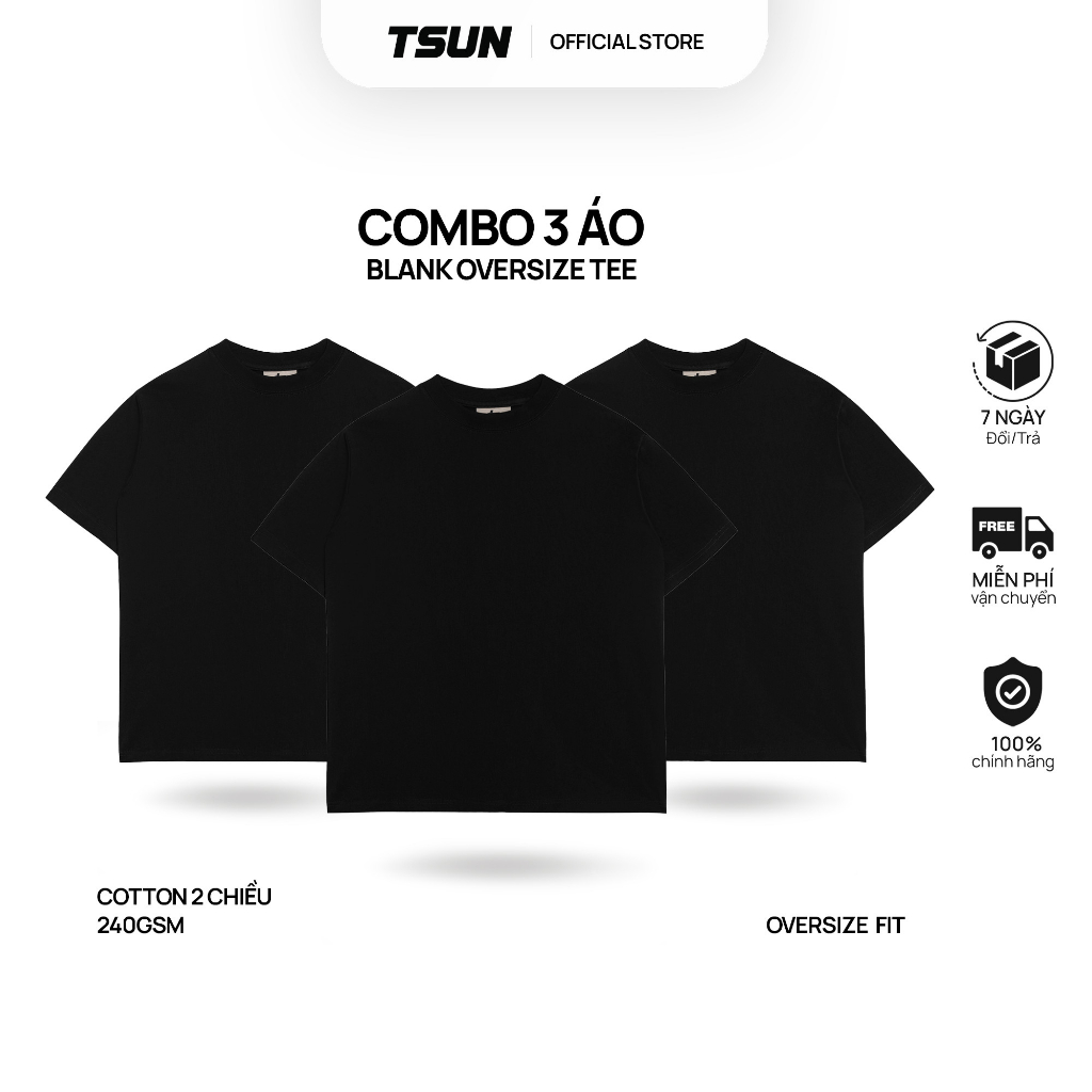 Combo 3 Áo Thun Trơn TSUN Oversize Fit - Đen - [UNISEX]