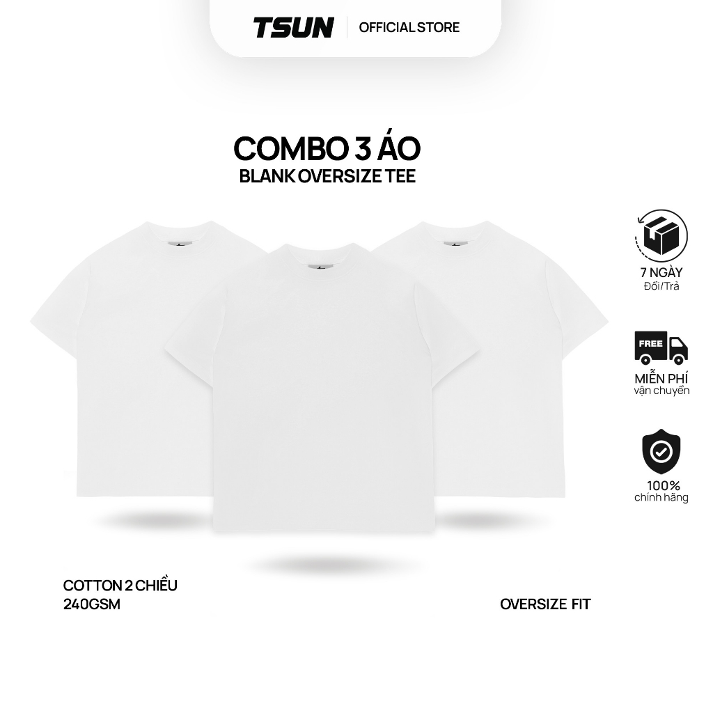 Combo 3 Áo Thun Trơn TSUN Oversize Fit - Trắng - [UNISEX]