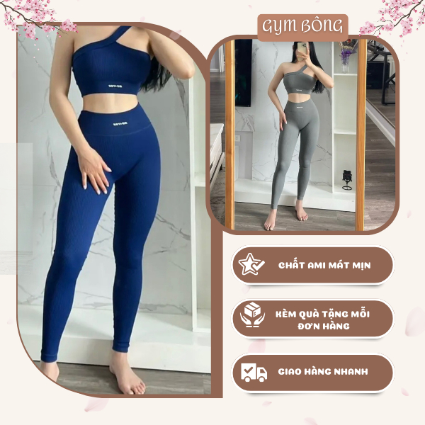 Bộ Đồ Tập Gym, Yoga, Aerobic Nữ 2 Món Áo Lệch Vai Botee Quần Dài Tôn Dáng Nâng Mông Cao Cấp