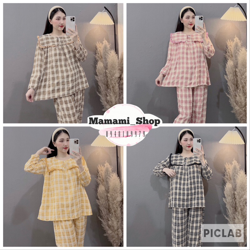 Bộ Đồ Bầu Và Sau Sinh Bộ Pijama Bầu Kẻ Caro Cổ Bèo