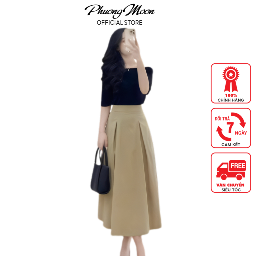 Sét đồ nữ PHUONGMOON, áo trễ vai mix chân váy thô xòe