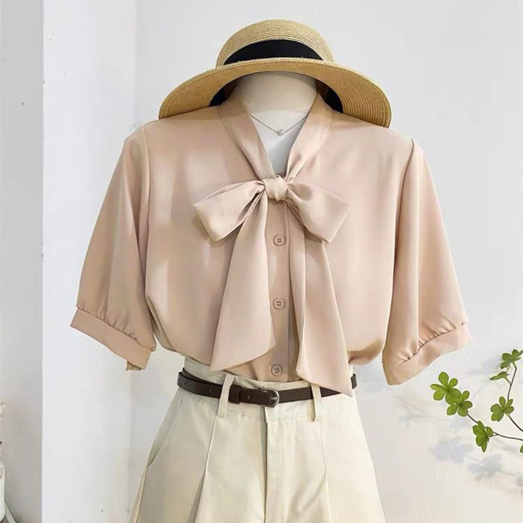 B1089- Áo sơ mi lụa nữ cột nơ tay ngắn trẻ trung  LAMO
