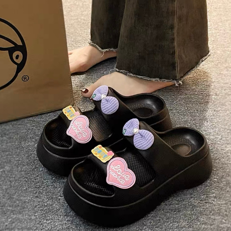 Dép bánh mì 2 quai đế cao NƠ TIM LOVE _Tăng 1 SIZE