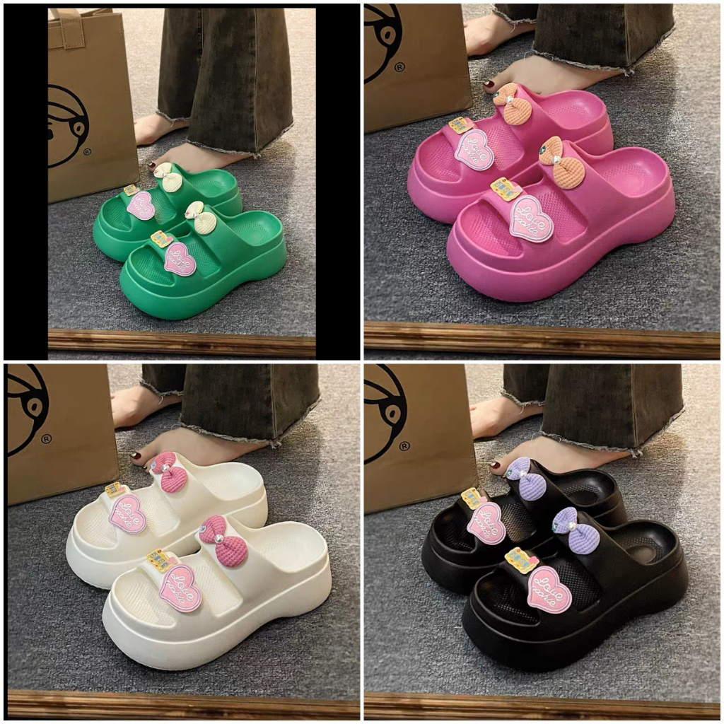 Dép bánh mì 2 quai đế cao NƠ TIM LOVE _Tăng 1 SIZE