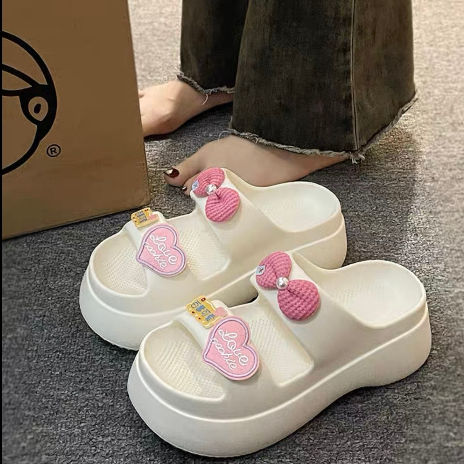 Dép bánh mì 2 quai đế cao NƠ TIM LOVE _Tăng 1 SIZE