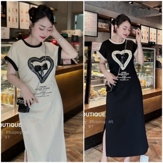 Váy suông nữ cộc tay phối biền trái tim đính nơ, đầm suông cổ tròn xẻ tà