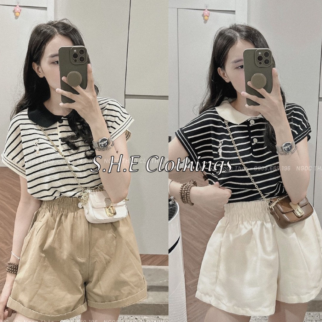 Áo Phông Kẻ Ngang Cổ Sen Tay Ngắn Thêu Hình Thỏ Cúc Cổ Áo Thun Nữ Bo Gấu Freesize S610