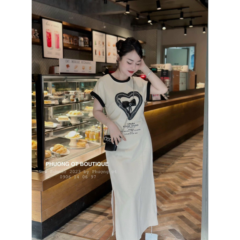 Váy suông nữ cộc tay phối biền trái tim đính nơ, đầm suông cổ tròn xẻ tà