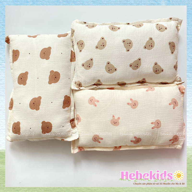 Gối cho bé vải xô mềm mại thấm hút mồ hôi, gối cho bé 6 tháng - 3 tuổi Hebekids