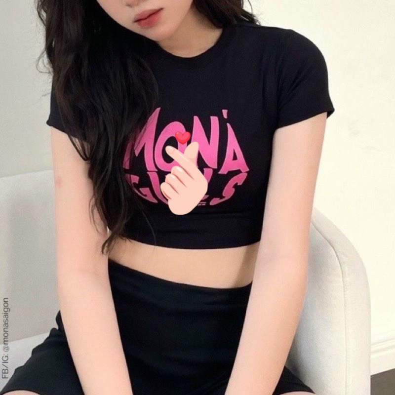 Áo Croptop Tay Ngắn Cổ Tròn Hoạ Tiết In Chữ Mona Girls Đáng Yêu
