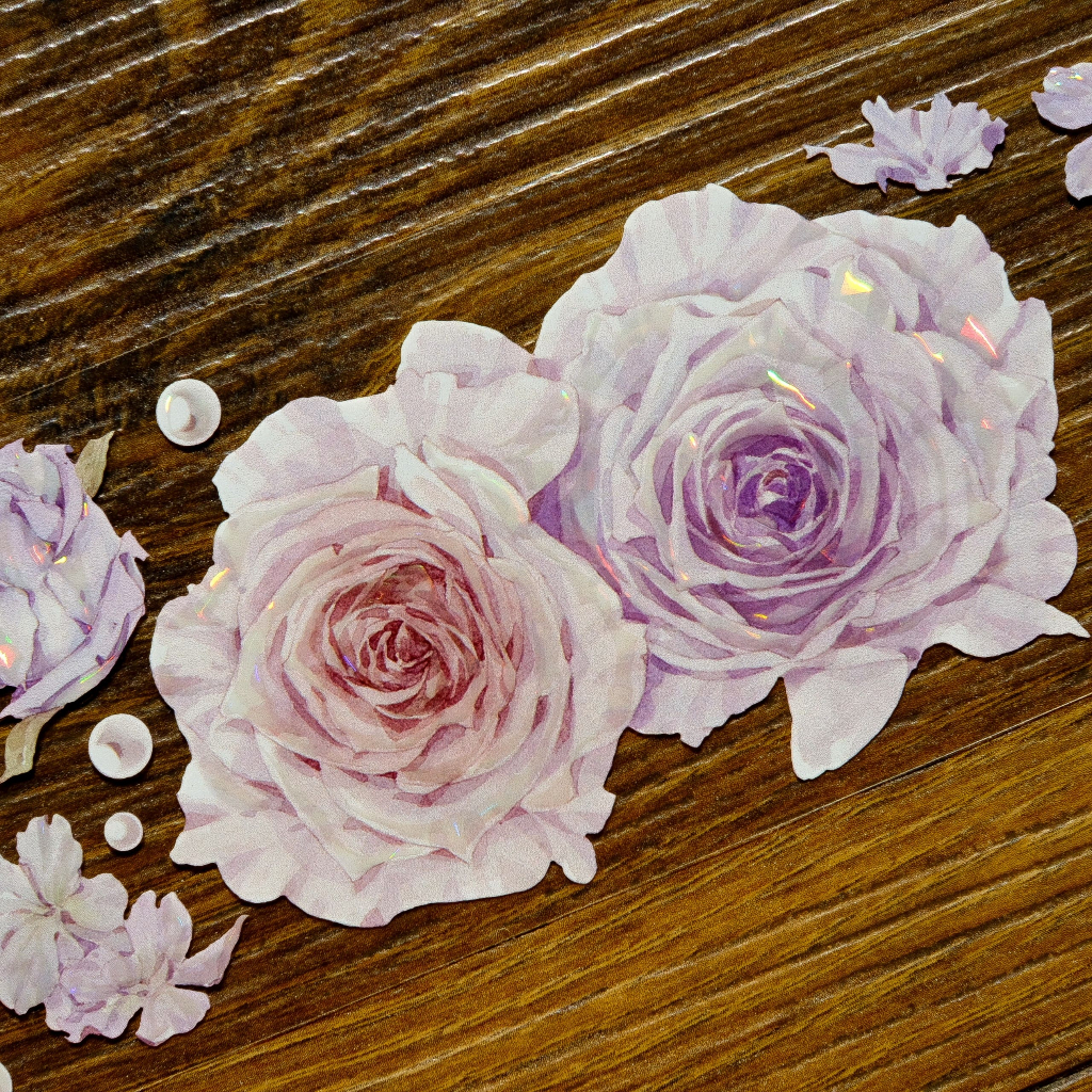 Meohime 𓃠 Băng dán Pet tape hoa nổi có nhũ, hoa hồng tone hồng tím pastel