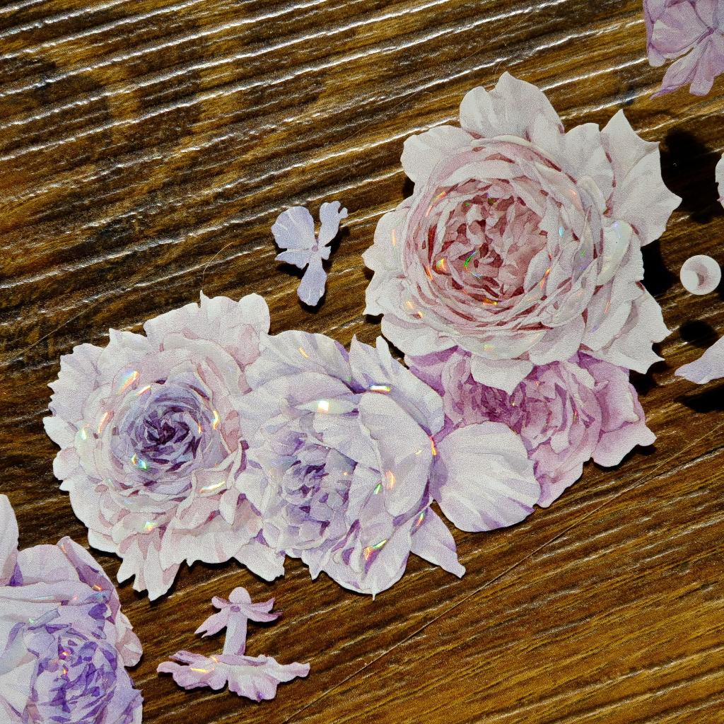 Meohime 𓃠 Băng dán Pet tape hoa nổi có nhũ, hoa hồng tone hồng tím pastel