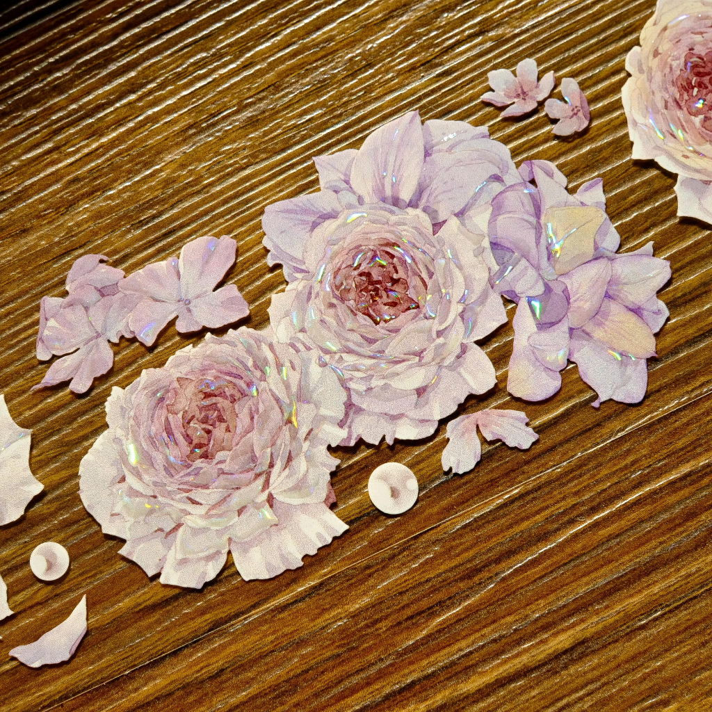 Meohime 𓃠 Băng dán Pet tape hoa nổi có nhũ, hoa hồng tone hồng tím pastel