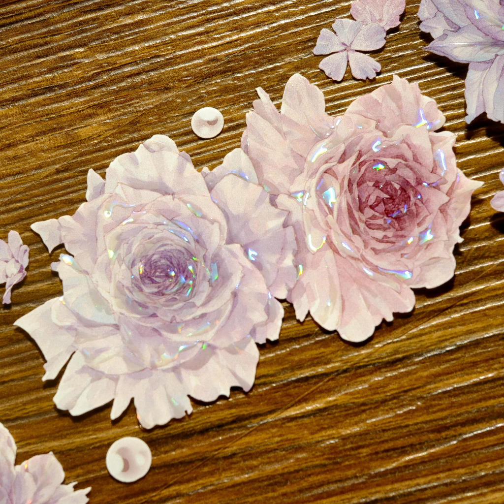 Meohime 𓃠 Băng dán Pet tape hoa nổi có nhũ, hoa hồng tone hồng tím pastel