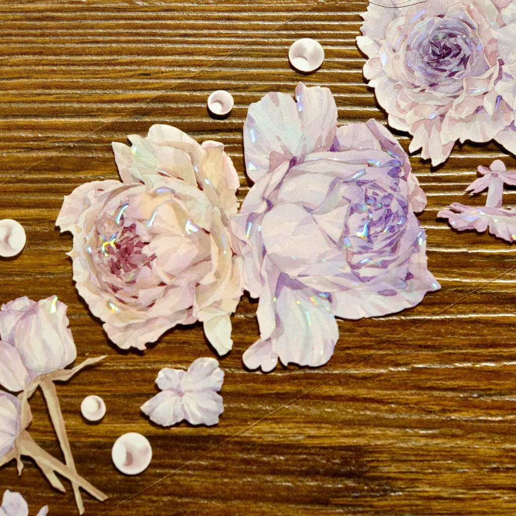 Meohime 𓃠 Băng dán Pet tape hoa nổi có nhũ, hoa hồng tone hồng tím pastel