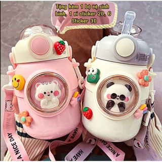 Bình nước giữ nhiệt 700ML INOX 316 bình giữ nhiệt cho bé có ống hút có dây đeo tặng kèm sticker 3D, bộ rửa bình