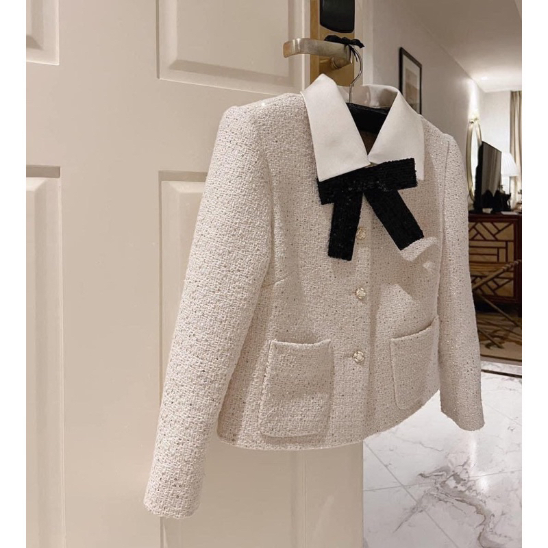 Hàng thiết kế áo dạ tweet đính nơ tiểu thư