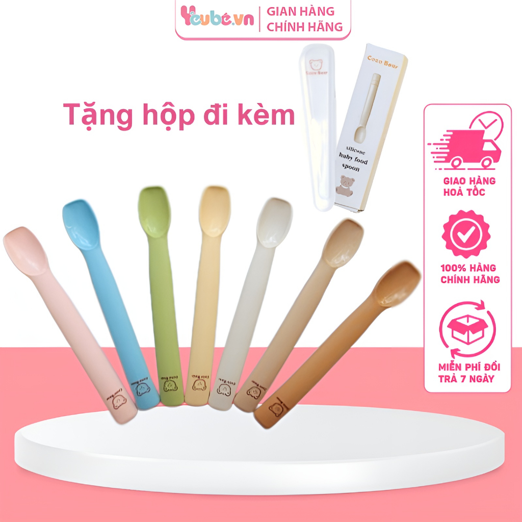 Thìa Ăn Dặm Silicon Coco Bear YEUBEVN Phong Cách Hàn Quốc Siêu Mềm Cho Bé Ăn Dặm Từ 5 Tháng Tuổi Có Hộp Tiện Lợi