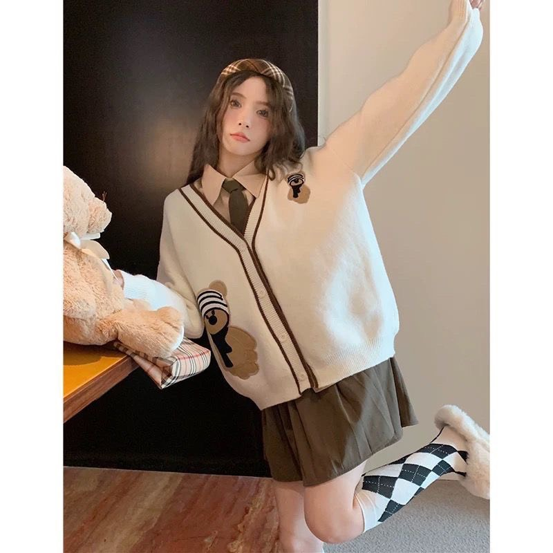 Áo Khoác Cardigan, Áo len Cardigan Gấu Cổ Tim Cài Khuy Tay Dài Thời Trang Ulzzang C03| Vui Vẻ Shop