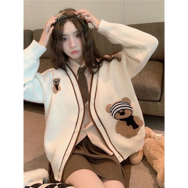 Áo Khoác Cardigan, Áo len Cardigan Gấu Cổ Tim Cài Khuy Tay Dài Thời Trang Ulzzang C03| Vui Vẻ Shop