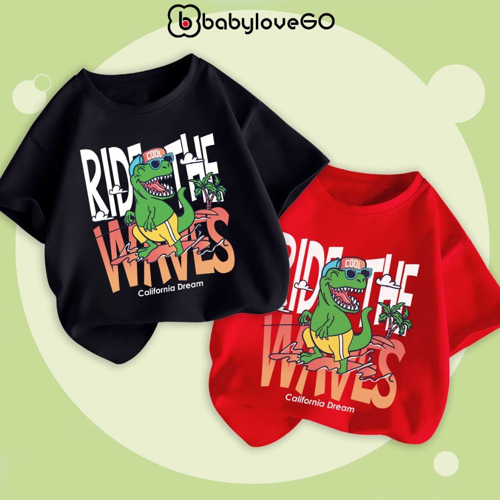 BST Áo Khủng long 2023 Áo thun cho bé trai bé gái in hình RIDE THE WAVES áo cộc tay vải cotton BabyloveGO KL005