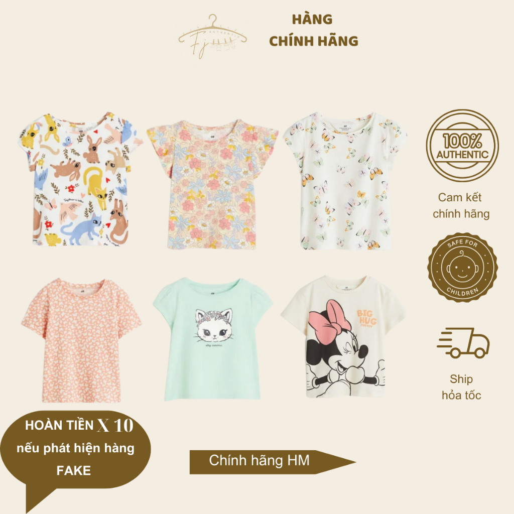 Áo thun bé gái HM áo phông cotton chính hãng size 8-10y