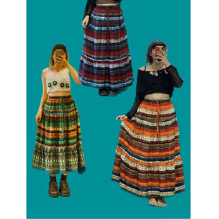 Chân Váy Maxi Thổ Cẩm Xoè Rộng Bohemian/ Vintage Fairycore Đi Biển/ Rừng