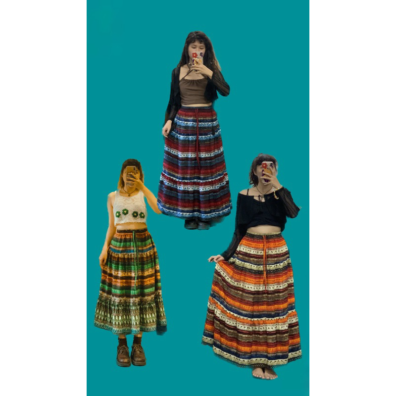 Chân Váy Maxi Thổ Cẩm Xoè Rộng Bohemian/ Vintage Fairycore Đi Biển/ Rừng