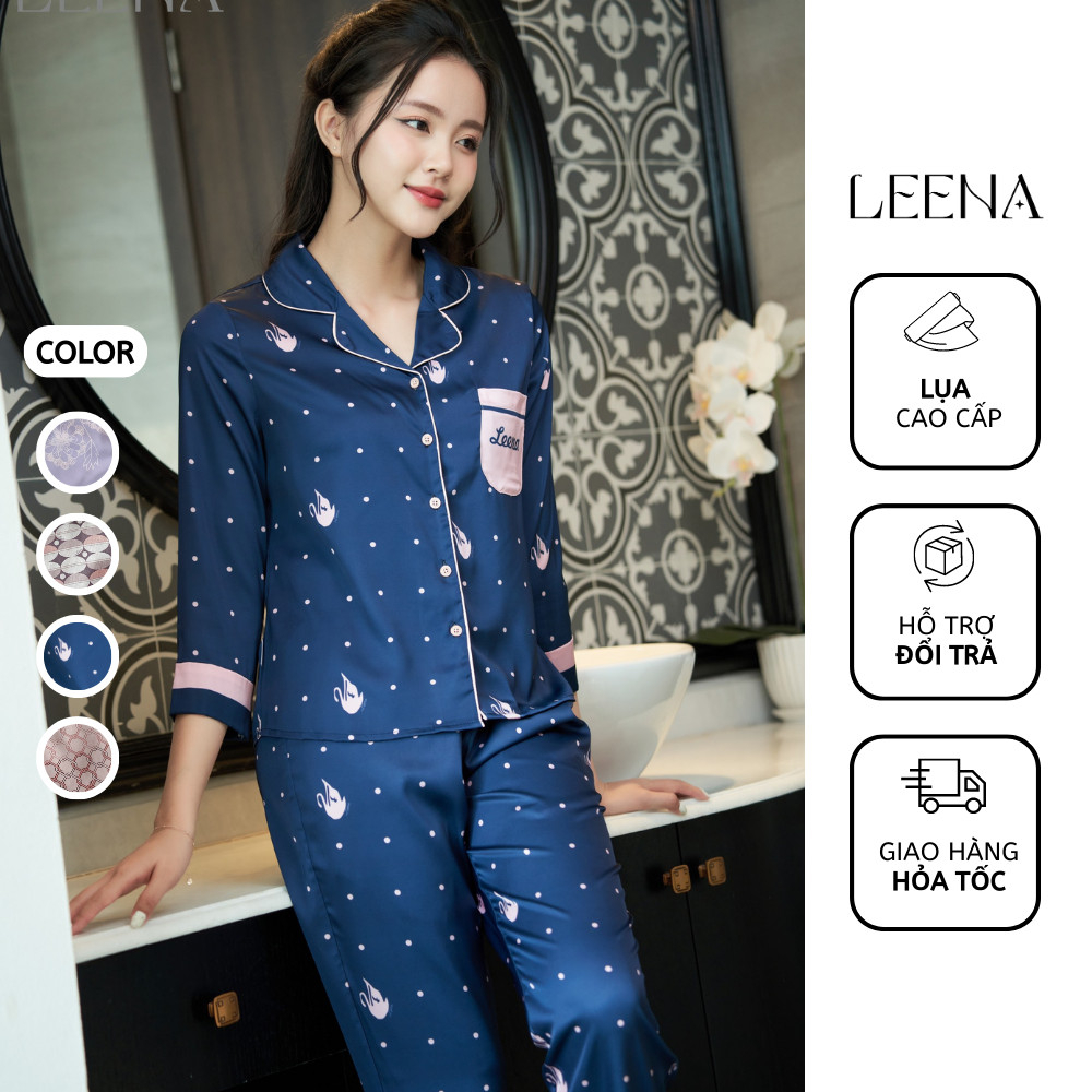 Bộ Ngủ Pyjama Nữ Lụa Tơ Cao Cấp Áo Tay Dài Quần Dài, Bộ Mặc Nhà Nữ Thu Đông Lụa Dài Tay Leena Homewear 23L10 23L11