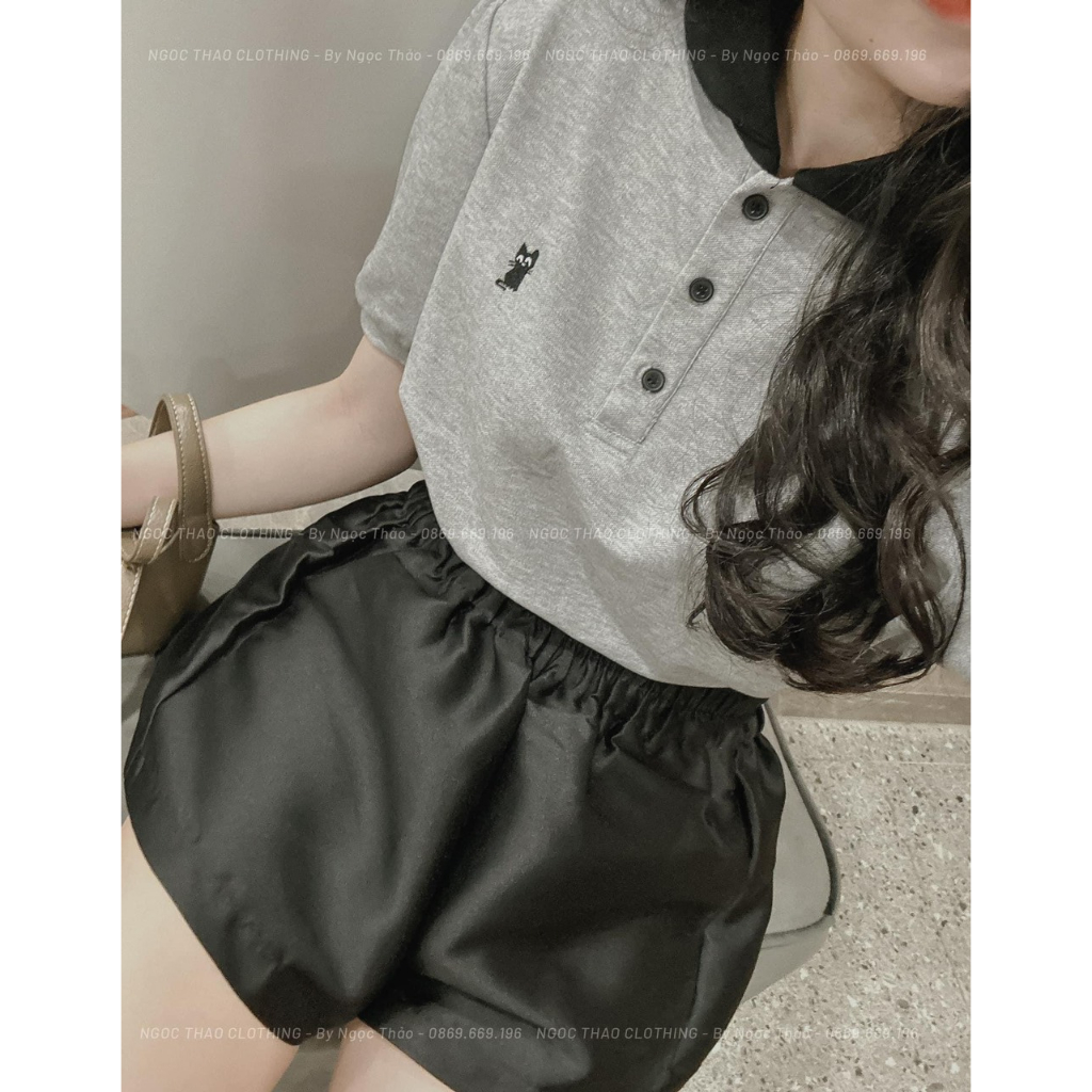 SET ÁO XÁM CỔ SEN ĐEN + QUẦN SHORT ĐEN LƯNG CHUN (TH)