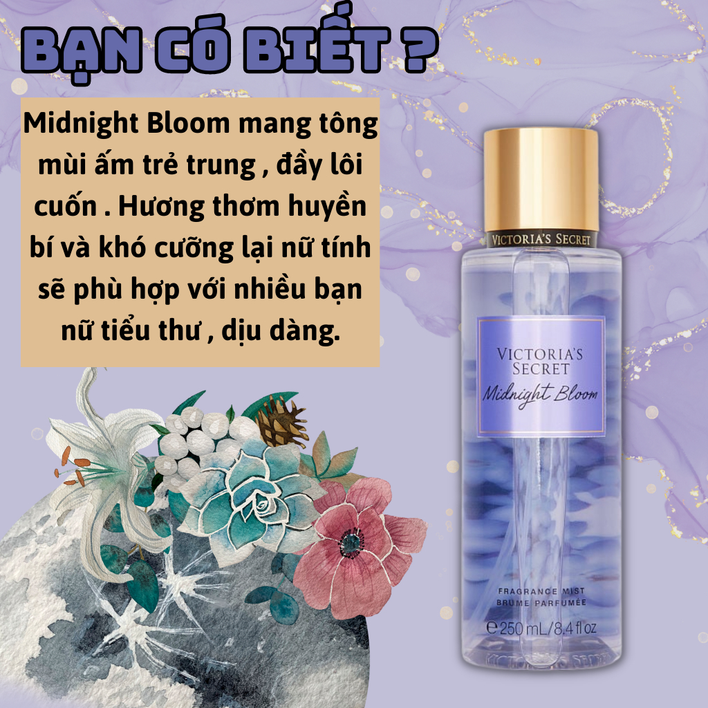 Body Mist Victoria Secret Chính Hãng Midnight Bloom, Xịt Thơm Body Toàn Thân Hương Nước Hoa 250ml