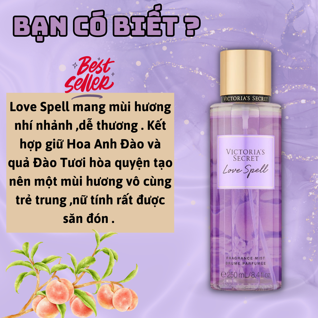 Body Mist Victoria Secret Chính Hãng Love Spell, Xịt Thơm Body Toàn Thân Hương Nước Hoa 250ml