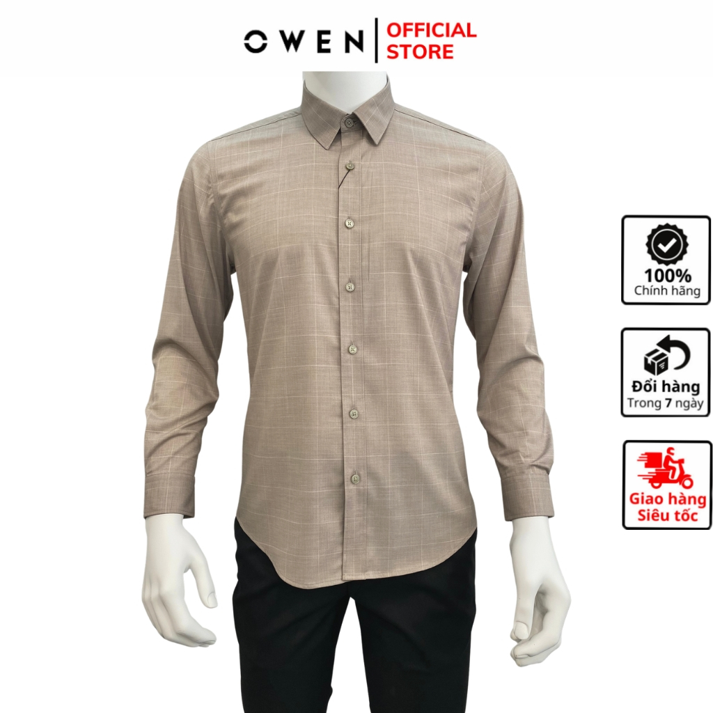 Áo sơ mi dài tay nam OWEN AS230509D somi công sở vải sợi sồi cao cấp màu kẻ caro be nhạt dáng slim fit tà lượn không túi