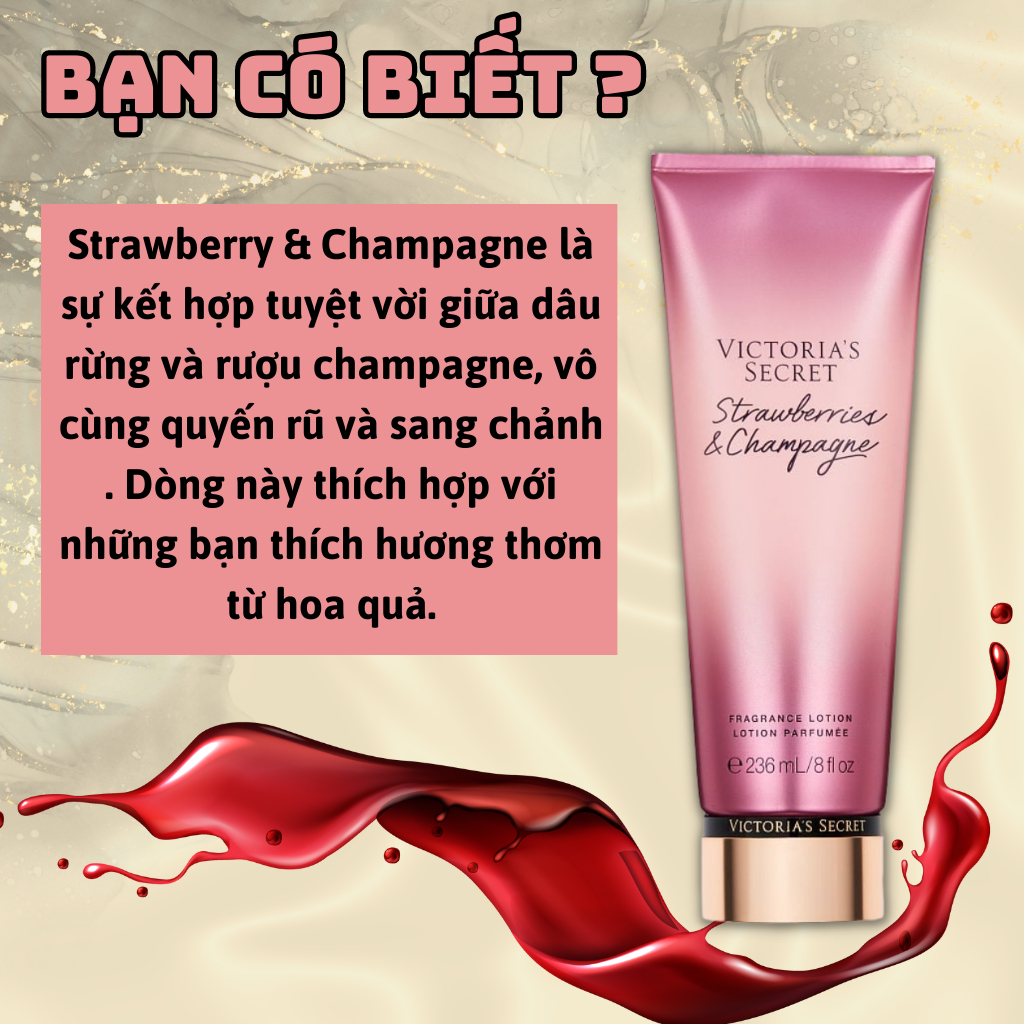 Body Mist Victoria Secret Chính Hãng Strawberries Champagne, Xịt Thơm Body Toàn Thân Hương Nước Hoa 250ml