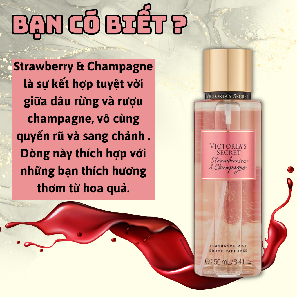 Body Mist Victoria Secret Chính Hãng Strawberries Champagne, Xịt Thơm Body Toàn Thân Hương Nước Hoa 250ml