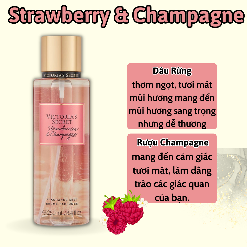 Body Mist Victoria Secret Chính Hãng Strawberries Champagne, Xịt Thơm Body Toàn Thân Hương Nước Hoa 250ml